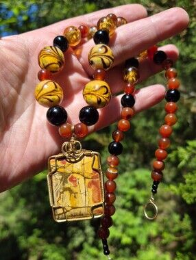 Artisan Wire Wrapped Picasso Jasper Carnelian Art Glass Beaded Necklace 20"